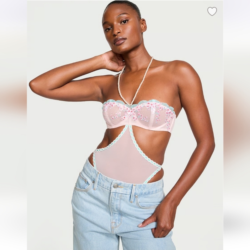 🩷 VICTORIA'S SECRET Very Sexy CHERRY BLOSSOM Embroidery Pearl Halter Teddy 🩷
